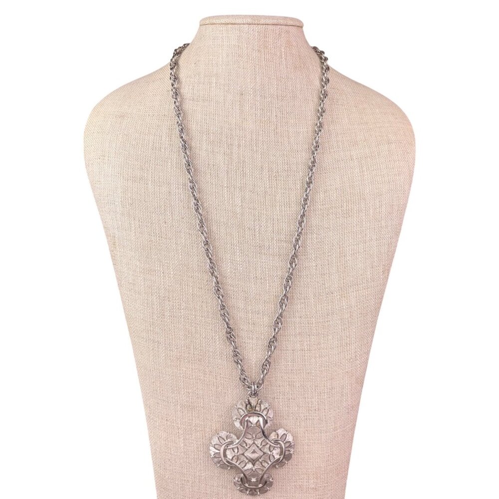 Trifari Womens Silver Tone Metal Cross Pendant Necklace  Chain Vintage Design